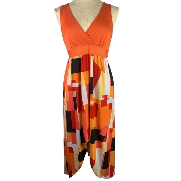 Small Julia Orange Retro Style Dress V-Neck Silk Blend - Picture 1 of 7